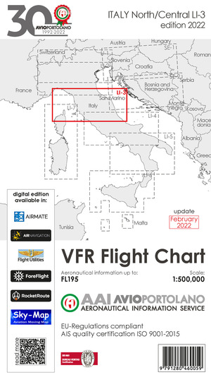 Avioportolano. VFR flight chart LI 3 Italy north-central. ICAO annex 4-EU-Regulations compliant. Nuova ediz.